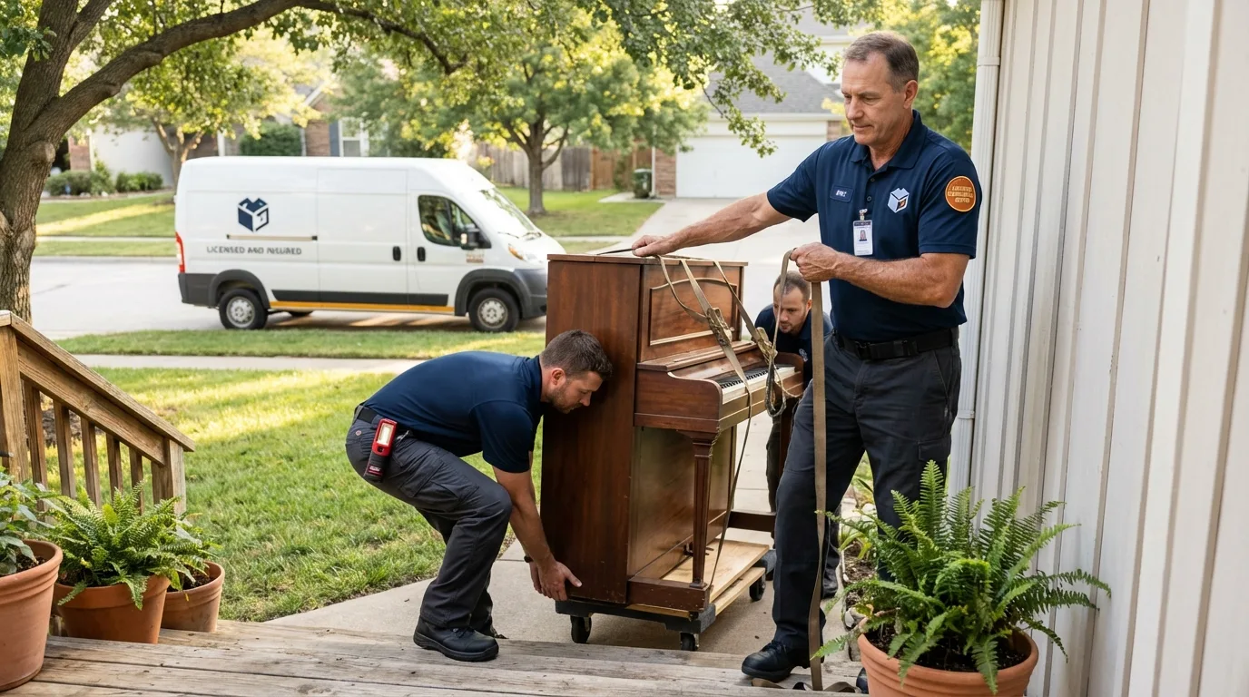Licensed piano movers securing grand piano in Tiffin, OH
