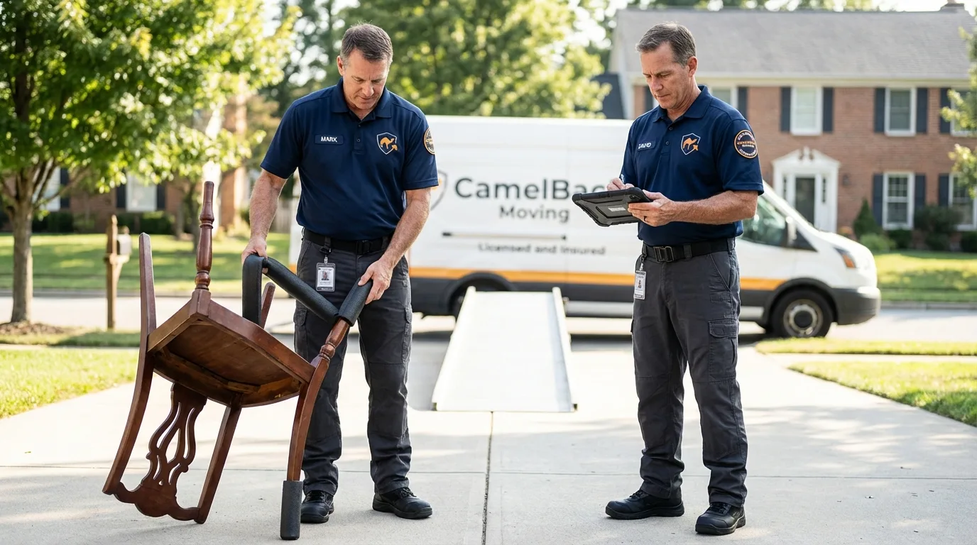 Movers inspecting furniture for damage prevention before loading in Tiffin, OH