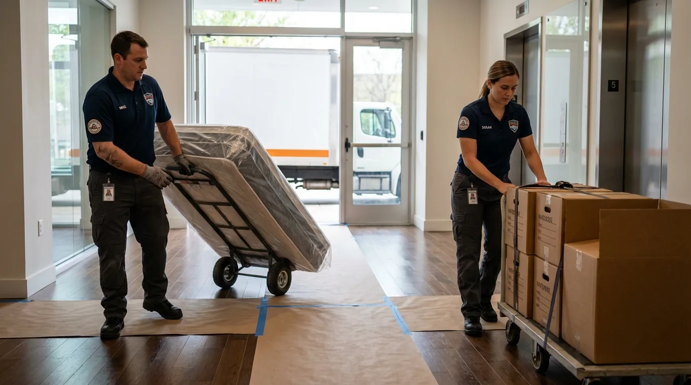 Professional apartment movers loading elevator in Tiffin, OH